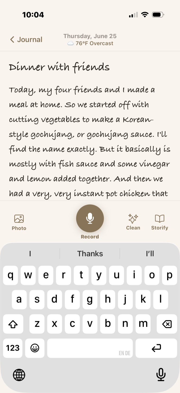 A handwritten-font journal entry